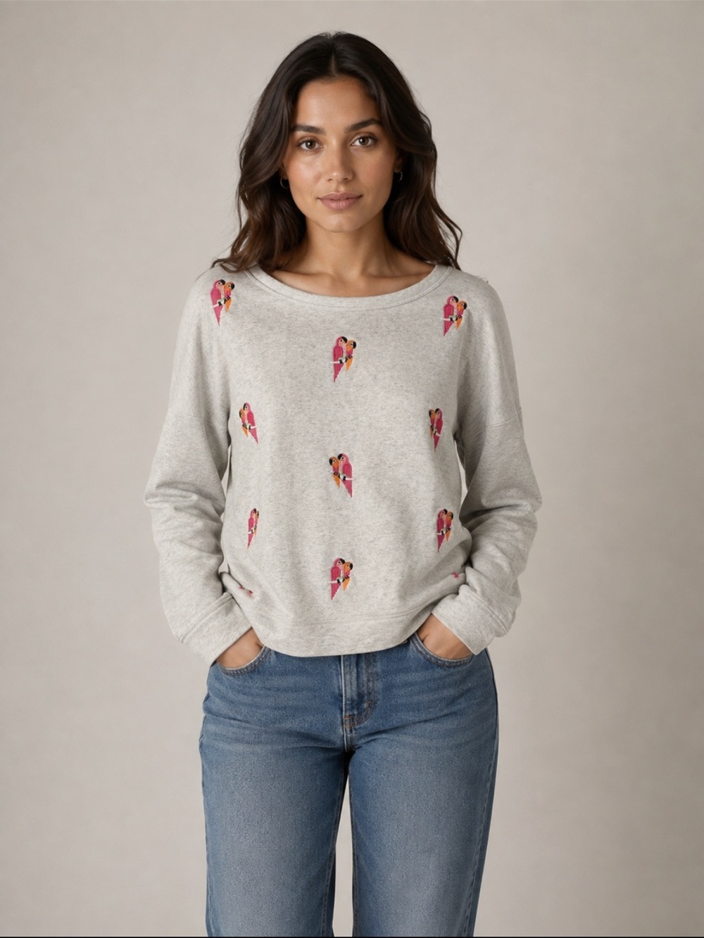 Talbots Light Gray Crewneck Pullover with Pink Parrot Motif